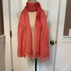 CHRISTA LOUISE SIGNED SCARF HANDMADE LONG WRAP SHAWL SALMON PEACH PUCKERS